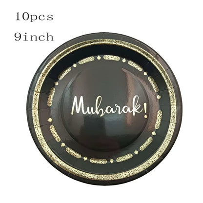 10Pcs Black Gold Umrah Mubarak Disposable Paper Plate Cup Napkin Banner Eid Mubarak Islamic Muslim Festival Party Decor Supplies