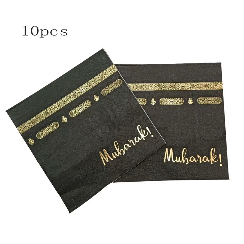 10Pcs Black Gold Umrah Mubarak Disposable Paper Plate Cup Napkin Banner Eid Mubarak Islamic Muslim Festival Party Decor Supplies