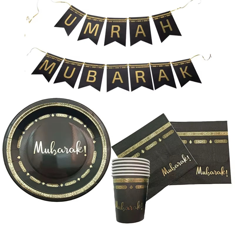 10Pcs Black Gold Umrah Mubarak Disposable Paper Plate Cup Napkin Banner Eid Mubarak Islamic Muslim Festival Party Decor Supplies